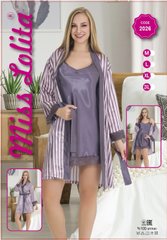 Комплект халат и ночная рубашка атлас цвет фиолет в полоску 2024 фото